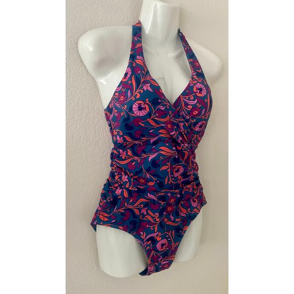 Boden | Swim NWT Levanoz Ruched One Piece Halter Purple and Pink Floral Size 6 - Picture 5 of 7